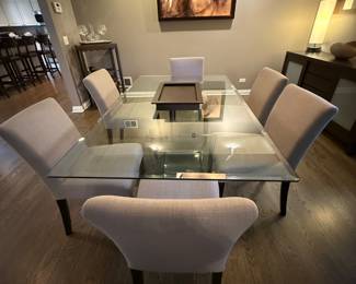 Glass Dining Room table and upholstered chairs