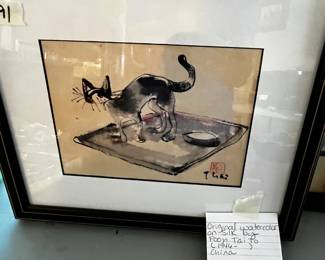 #91 Original Watercolor on Silk by Poon Tai To (1946-) China Cat Stretching 13x11" Framed $40.00