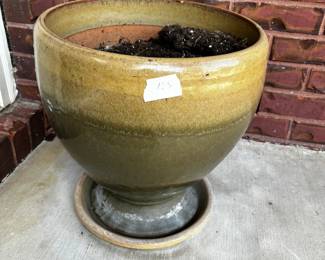#105 Green/Cream Glazed Ceramic Flower Pot - 12.5x15 $30.00