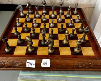 #104 Wood Chess Board w/Metal Pieces - 14x14 $75.00