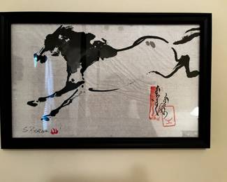 #44 Framed Watercolor Painting of Horse in the Style of Chinese Ink Wash and Dynamic Brush Strokes in a black Frame ready for Display - 16x10.5 - Captures the Spirit and Movement of the Horse Signed $175.00
