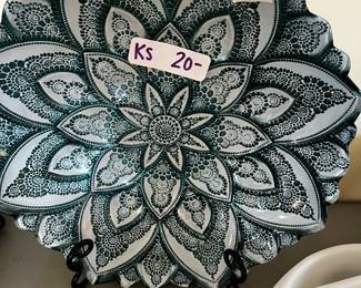 #31 Art Glass Decorative Bowl Sunburst Design Teal 12.5" $20.00