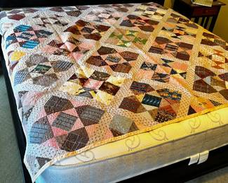#55 Vintage 9 patch on point Hand-Pieced and Machine Quilted Quilt w/Label - 88x80 $75.00