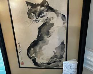 #92 Cat Looking over Shoulder - Watercolor Original Artist "Qi Baishi (1864 - 1957) China 22x16Original Watercolor on Silk by Poon Tai To (1946-) China Cat Stretching 13x11" Framed Framed Museum Grade Matting and Framing $180.00