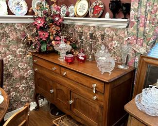 Sideboard and glassware, candy dishes, flower frogs
