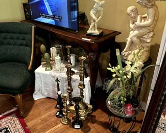 Solid brass candlesticks, large sofa table, TV