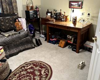 Oak desk, stereo system, vintage games, wall art