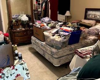 Full size bed, fabric, antique oak dresser