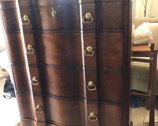 John Whiddicomb designed French style serpentine tall mahogany chest designed by Ralph H Whiddicomb
