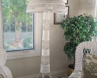 Antique Lloyd Loom style, brass double cluster, Wicker/Rattan floor lamp 