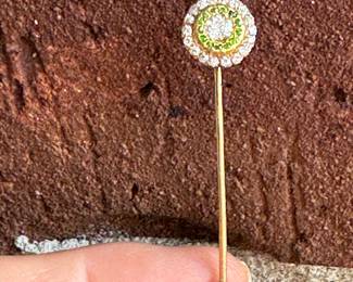 #48 - $280 - Antique gold  tie pin with old mine cut diamond & peridot bezel 