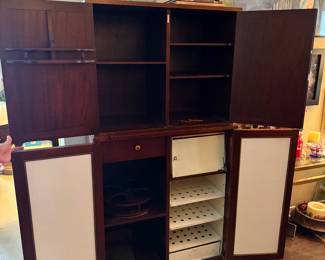 #19 - $1000 - American Empire bar with milk glass shelve & Compartments 63"tall x 32" wide 