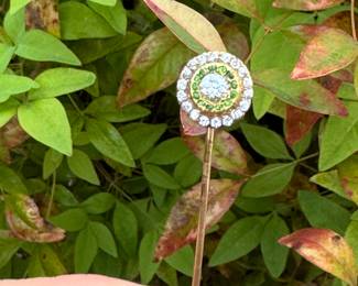 #48 - $280 - Antique gold  tie pin with old mine cut diamond & peridot bezel 