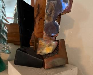 #13 - $1,200 - Sid Kamerman (Born in 1943-2016) sculpture "Crystal meadow" 12x10 bronze, marble, stainless steel and wood is reminiscent of an outcropping of rock and spurs thoughts of what else lies beneath 