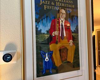 #24 - $900 - George Rodrigue (1944-2013) New Orleans Jazz & Heritage festival 1996 Pete Fountain with Blue dog. Edition 2054/2500 - 30x42 - framed 