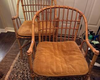 #36 - $240 - Pair of Bamboo rattan vintage 70's chairs with original leather pillows 