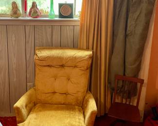 Gold easy chair, child’s desk chair, stool, USNpants with suspenders