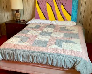 Double mattress on stand, oil on board abstract painting
