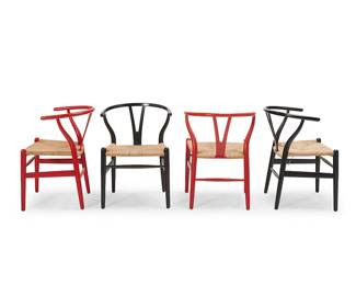 305
Hans Wegner (1914-2007)
Four 'Wishbone' armchairs model CH 24 for Carl Hansen & Son, mid-20th century; Denmark
Each impressed: Made in Denmark / By Carl Hansen & Son / Odense, Denmark
Each chair with Y-form back and woven natural cord seat, comprising two with black painted frames and two with red painted frames
4 pieces
Each: 28.5" H x 21" W x 20.5" D
Estimate: $800 - $1,200