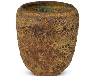 288
Gertrud and Otto Natzler (1908-1971 and 1908-2007)
A 'Volcanic' glazed jar, late 20th century
Signed to underside: Natzler; lacking original inventory number tag
With artist's signature yellow and green textured and porous glaze
6.875" H x 6.25" Dia.
Estimate: $4,000 - $6,000