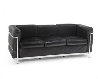 99
Charles-Edouard "Le Corbusier" Jeanneret (1887-1965)
An LC3 Petit Modele sofa, late 20th century
Designed 1928 by Le Corbusier, Pierre Jeanneret (1896-1967), and Charlotte Perriand (1903-1999)
One cushion with tag: Made in Italy
The three-seater sofa with tubular chrome-plated steel frame and foam cushions upholstered in black leather with cording
27" H x 71.5" W x 28" D
Estimate: $1,000 - $2,000