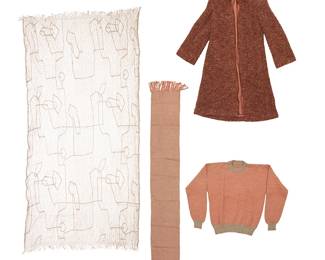 371
A group of Mario Armond Zamparelli and Company Hughes Helicopters and luxury clothing prototypes
Circa 1970s-1990s
Comprising a 1970s ladies long russet burnt orange bouclé wool mélange swing-style coat with raglan sleeves, front darts and princess seaming with in-seam pockets, plus shoulder pads, and full tonal silk lining, together with a Mario Armond Zamparelli and Company 1990s Japanese abstract silk lace knit sample scarf in pale grey, as well as a House of Zamparelli Designs sample luxury tricot knit alpaca pullover sweater in burnt orange and grey stripes, with a matching long woven alpaca scarf with fringing
4 pieces
Coat: center back: 45.5"; across back at shoulders: 14"; sleeve: 23"
Lace scarf: 43" H x 84" W
Sweater: center back: 25"; chest front: 20.5"; sleeves: 22.5" (all unstretched)
Scarf: 10" H x 66" W (including fringe)
Estimate: $300 - $500