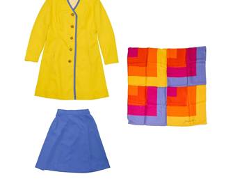 346
A Mario Armond Zamparelli and Company for Hughes Airwest hostess uniform prototype ensemble
Circa 1970s
Scarf signed and dated in the weave; label: Echo / Made in Japan
Comprising a long Sundance Yellow V-neck hostess coat with Universe Blue trim, fully lined, with in-seam pockets, bound buttonholes and rounded brass buttons, together with a Universe Blue A-line panel skirt with elasticated back waist and back zip, and a Zamparelli multicolored silk scarf, 1975
3 pieces
Coat: center back: 36.5"; bust front: 19"; waist: 18"; back shoulders: 16"; sleeve: 23"
Skirt: waist front: 13.5"; hips front: 19.5"; CB: 21"
Scarf: 27" x 27" approximately
Estimate: $200 - $400