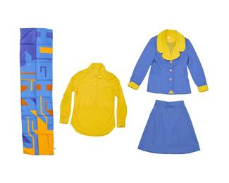 348
A Mario Armond Zamparelli and Company for Hughes Airwest hostess uniform prototype ensemble
Circa 1970s
Scarf signed and dated in the weave; label: Echo / Made in Japan
Comprising a hostess suit in Universe Blue and Sundance Yellow polyester, including a blue and yellow short polyester jacket, with contrast butterfly collar and cuffs, with matching Universe Blue polyester A-line panel skirt with elasticated back waist and back zip, together with a Sundance Yellow synthetic knit popover placket blouse with round collar and tonal buttons, and a Zamparelli multicolored geometric print polyester scarf, 1977
4 pieces
Jacket: center back: 24"; front bust: 17"; front waist: 16"; back shoulders: 15"; sleeve: 22.5"
Skirt: waist front: 13"; hip back: 19"; center back: 19.5"
Blouse: center back: 22"; bust front: 19"; waist: 16.5"; sleeve: 22.5"
Scarf: 51.5" x 13" approximately
Estimate: $200 - $400