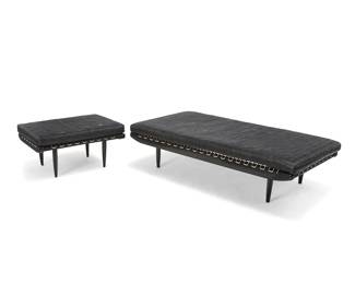 199
A Georges Adrien Tigien bench and ottoman set
Late 20th century
Each unmarked
Each with black lacquered wood frame with synthetic cording and patchwork leather cushions, the ottoman with small locking mechanism that can be implemented to tether to the bench if so desired
2 pieces
Bench: 15.5" H x 54.5" W x 27" D; Ottoman: 15.5" H 18.5" W x 27" D
Estimate: $600 - $800