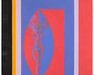 246
Erle Loran
(1905-1999)
"Topless Madonna," 1966
Acrylic on canvas
Signed and dated lower right: Loran '66; signed again, titled, and inscribed, all verso: "10 Kenilworth Ct., Berkeley"
60" H x 52" W
Estimate: $2,000 - $3,000