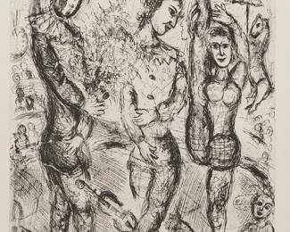 37
Marc Chagall
(1887-1985)
"Le Pierrot," 1968
Etching on Japon nacre paper
Edition: 20/50 (there were also 50 with the addition of color aquatint)
Signed and numbered in pencil in the lower margin: Marc Chagall; Editions Gerald Cramer, Geneva, pub.
Plate: 24" H x 17.5" W; Sheet: 29.75" H x 21.875" W
Estimate: $3,000 - $5,000
