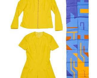 351
A Mario Armond Zamparelli and Company for Hughes Airwest hostess uniform prototype ensemble
Circa 1970s
Scarf signed and dated in the weave; label: Echo / Made in Japan
Comprising a Sundance Yellow polyester double knit short sleeved princess dress with inverted pleats to skirt, partially lined and with a back zipper, together with a matching contoured fully lined zippered jacket, and a Zamparelli multicolored geometric print polyester scarf, 1977
3 pieces
Dress: center back: 33.75"; bust front: 17"; waist: 15.5"; back shoulders: 14"; sleeve: 8"
Jacket: center back: 21.5"; bust front: 19"; waist front: 17"; back shoulders: 15.5"; sleeve: 22.5"
Scarf: 51" x 13" approximately
Estimate: $200 - $400