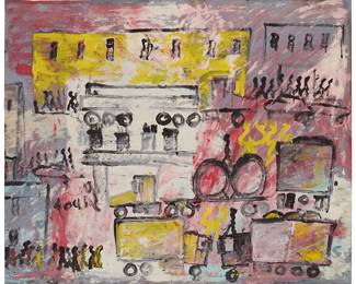 147
Purvis Young
(1943-2010)
City Scene with figures and vehicles
Oil on canvas laid to panel
Signed lower left: Young
45.5" H x 55.5" W
Estimate: $2,000 - $3,000