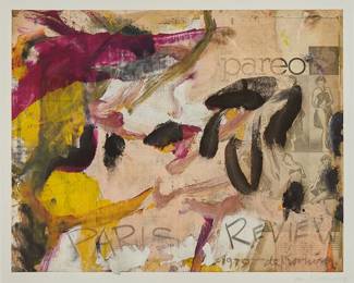 69
Willem De Kooning
(1904-1997)
"Paris Review," 1979
Offset lithograph in colors on paper
A proof aside from the edition of 200
Signed in pencil in the lower margin, at right: de Kooning; The Paris Review, New York, pub.
Image: 23" H x 29.25" W; Sheet: 28" H x 34.25" W
Estimate: $5,000 - $7,000