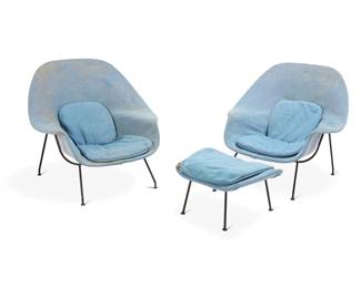 173
Eero Saarinen (1910-1916)
A pair of 'Womb' chairs and an ottoman for Knoll, circa 1970s
Designed 1948
Each unmarked
The scoop back chairs with flared armrests, cushioned at the seat and seatback, set on a chromed steel rod frame, en suite with conforming ottoman
3 pieces
Each chair: 35.5" H x 41" W x 37" D; Ottoman: 15.75" H x 24.5" W x 21" D
Estimate: $1,000 - $1,500
