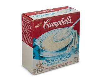 5
An Andy Warhol (1928-1987) signed box of Campbell's dry soup mix
1980s
Signed: Andy Warhol; box with impressed date: 19 JAN 87
The box of Chicken Noodle soup housed in a custom acrylic case
Box: 5" H x 4.75" W x 2" D; Case: 5.25" H x 5.125" W x 2.375" D
Estimate: $1,500 - $2,000