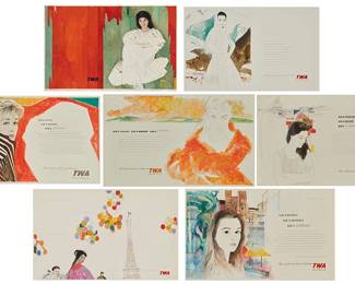 315
Mario Armond Zamparelli (1921-2012), Trans World Airlines (TWA) mock-ups
A group of seven Trans World Airlines (TWA) advertisement mock-ups
Each: Gouache, colored pencil, and mixed media on artist's board
One work is signed "Zamparelli" and numbered "38" in ink along the lower blank edge, at right, and is additionally signed (partially) and inscribed with the artist's address in ink on the verso; four other works are similarly signed and inscribed on their versos
Smallest artist's board: 17.5" H x 25.875" W; Largest artist's board: 18.75" H x 28" W
Estimate: $1,500 - $2,500