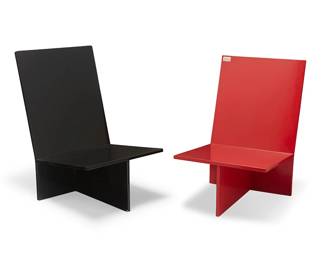 304
Mario Armond Zamparelli (1921-2012)
Two postmodern lacquered wood chairs, circa 1980s
Each unmarked
Each lounge chair of squared angular form, comprising one red and one black
2 pieces
Black: 38.5" H x 24.25" W x 29.5" D; Red: 36" H x 23.75" W x 30" D
Estimate: $1,000 - $1,500