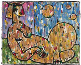 143
Ara Tevkantz
(1956-2021)
"Golden Rain"
Oil on canvas
Signed lower right: A. Tevkantz; titled by repute
33" H x 41.25" W
Estimate: $2,000 - $3,000