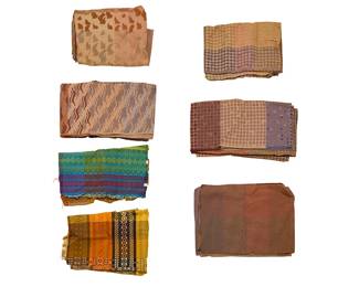 365
A group of Mario Armond Zamparelli and Company for Hughes Airwest Boeing 727-200 interior fabrics
Circa 1970s/1980s
Five lengths with multiple Collins and Aikman Transportation Fabrics labels indicating each color variation; two lengths with Somerset Mills labels
A selection of Mario Armond Zamparelli designs for Hughes Airwest commercial upholstery sample fabric yardage in various sizes, colors, and weave designs, comprising five wool/nylon woven lengths in beiges, purples, browns, greys, and other muted earth tones, each fabric length of a specific design and each incorporating various patchwork sample colorways, including "Solstice B", "Circuit", "Oceanica", and "Plumage" weave designs, together with two sample lengths of Somerset Mills upholstery fabric, each in geometric designs in multiple multicolored colorways, one bright and one muted, as well as four promotional photographs
11 pieces
Largest: 63" H x 128" W; Smallest: 53" H x 52" W
Estimate: $200 - $400