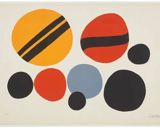 79
Alexander Calder
(1898-1976)
"Chevrons Noir sur Rouge et Jaune," 1960
Lithograph in colors on BFK Rives paper
Edition: 14/90
Signed and numbered in pencil in the lower margin: Calder; titled and dated in pencil in another hand, verso: 1960; Maeght, Paris, pub.
Image: 20" H x 29" W; Sheet: 24.375" H x 35.375" W
Estimate: $2,000 - $3,000