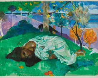 `307
Mario Armond Zamparelli
(1921-2012)
"I dreamt of Gauginesca"
Watercolor, gouache, and pencil on artist's board
Initialed in the lower right corner: Z; faintly titled and inscribed "tropical" in pencil in the blank portion of the board at right; estate stamped verso
Image: 13.5" H x 18.375" W; Artist's board: 18.25" H x 27" W
Estimate: $600 - $900