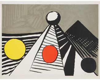 77
Alexander Calder
(1898-1976)
"Le Bateau lavoir," 1969
Lithograph in colors on wove paper
Edition: 72/75
Signed and numbered in pencil in the lower right and left corners, respectively: Calder; Maeght, Paris, pub.
Image/Sheet: 21.75" H x 29.625" W
Estimate: $2,000 - $3,000