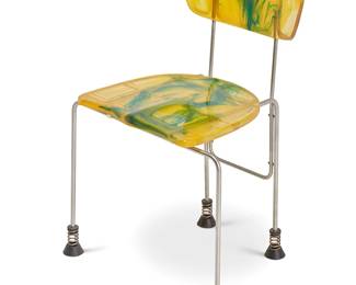 53
Gaetano Pesce (1939-2024)
A 'Broadway Chair' for Bernini, circa 1990s
Designed 1993
Stamped to the underside: Des Gaetano Pesce / [logo] / Bernini Italy
The chair with marbled resin back splat and seat on a stainless-steel frame, raised on rubberized spring feet
29.5" H x 22" W x 16.75" D
Estimate: $2,500 - $3,000