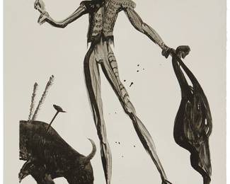 40
Salvador Dalí
(1904-1989)
"Torero Noir," 1969
Lithograph on BFK Rives paper
Edition: 126/150 (the total edition was 225 plus proofs)
Signed and numbered in pencil in the lower margin: Dalí; Wolfensberger, Zurich, prntr.; Jean Schneider, Basel, pub.
Image: 24.625" H x 18.75" W; Sheet: 29.5" H x 21.75" W
Estimate: $1,500 - $2,500