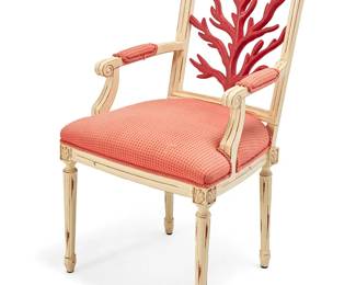223
A Laneventure 'Excursion' armchair
Late 20th/early 21st century
With manufacturer's tag to underside
The chair with coral-form open back above red fabric upholstered armrests and seat, raised on fluted tapered legs
38.75" H x 22.75" W x 24.5" D
Estimate: $300 - $500