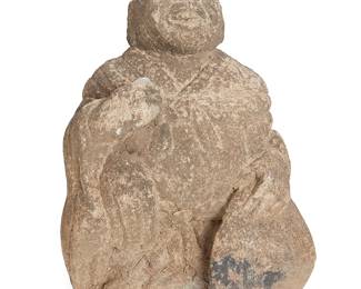 329
A Japanese carved stone seated deity figure
20th century or earlier
Possibly depicting Ebisu, likely a garden ornament
21.5" H x 13.5" W x 10.5" D
Estimate: $500 - $700