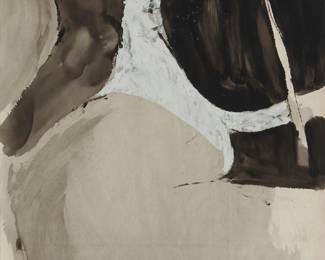 135
Adrian Heath
(1920-1992)
"Untitled," 1962
Ink and gouache on paper
Signed and dated in pencil lower right: Heath 62; titled on the frame plaque; inscribed in other hands "23/62" in red pencil [followed by a small question mark in graphite] and "Box 8" in pencil, all on the verso of the right sheet corners
Image/Sheet: 30" H x 22" W
Estimate: $3,000 - $5,000