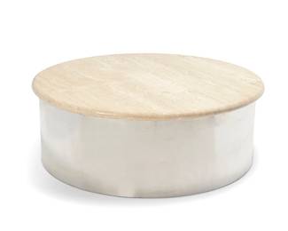 260
Steve Chase (1941-1994)
A travertine-top drum table, late 20th century
Underside of top with handwritten sticker: No. 5655 / From: Douglas Bickle / To: Steve Chase Assoc. / c/o Custom Delivery Service
The wood base with chromed metal exterior, surmounted by a travertine top
Overall: 17" H x 48" Dia.
Estimate: $500 - $700