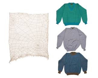 375
A group of Alpaca wool tricot sweaters size L and a luxury "Spiderweb" scarf
Circa 1990s
Each labeled: Casa / 100% Alpaca Wool / Handmade in Bolivia / Mens L; scarf labeled: Sample C
A group of sample designs for House of Zamparelli Designs comprising three Casa alpaca knit sweaters in various colors including a V-neck in turquoise and green stripes, and two crew necks, one in blue and light brown stripes, and one in pale purple mélange, as well as a pale grey Japanese "Spiderweb" openwork silk lace knit sample scarf
4 pieces
Each: center back: 27"; chest front: 24"; sleeve: 23" approximately
Scarf: 49" H x 57" W approximately
Estimate: $200 - $400